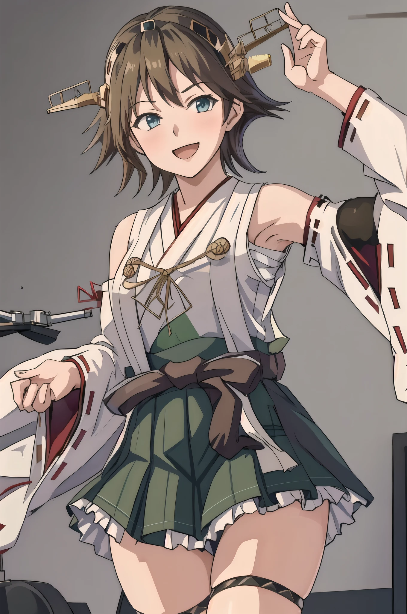 highest quality, masterpiece, High resolution, alone, {Hiei_Kantai Collection:1.15}, 明るい茶hair, hairband, headgear, Non-traditional_Miko, smile, green_eye, Inverted up_hair, Open_mouth, One Girl, Dependent_sleeve, green_skirt, Japanese_Clothes, one hour_draw with g_Challenge, Plaid, Plaid_skirt, ribbon-trimmed_sleeve, ribbon_trim, skirt, Office Background, 