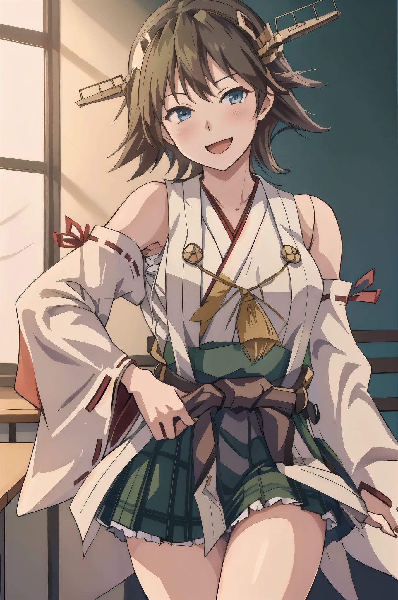 highest quality, masterpiece, High resolution, alone, {Hiei_Kantai Collection:1.15}, 明るい茶hair, hairband, headgear, Non-traditional_Miko, smile, green_eye, Inverted up_hair, Open_mouth, One Girl, Dependent_sleeve, green_skirt, Japanese_Clothes, one hour_draw with g_Challenge, Plaid, Plaid_skirt, ribbon-trimmed_sleeve, ribbon_trim, skirt, Office Background, 