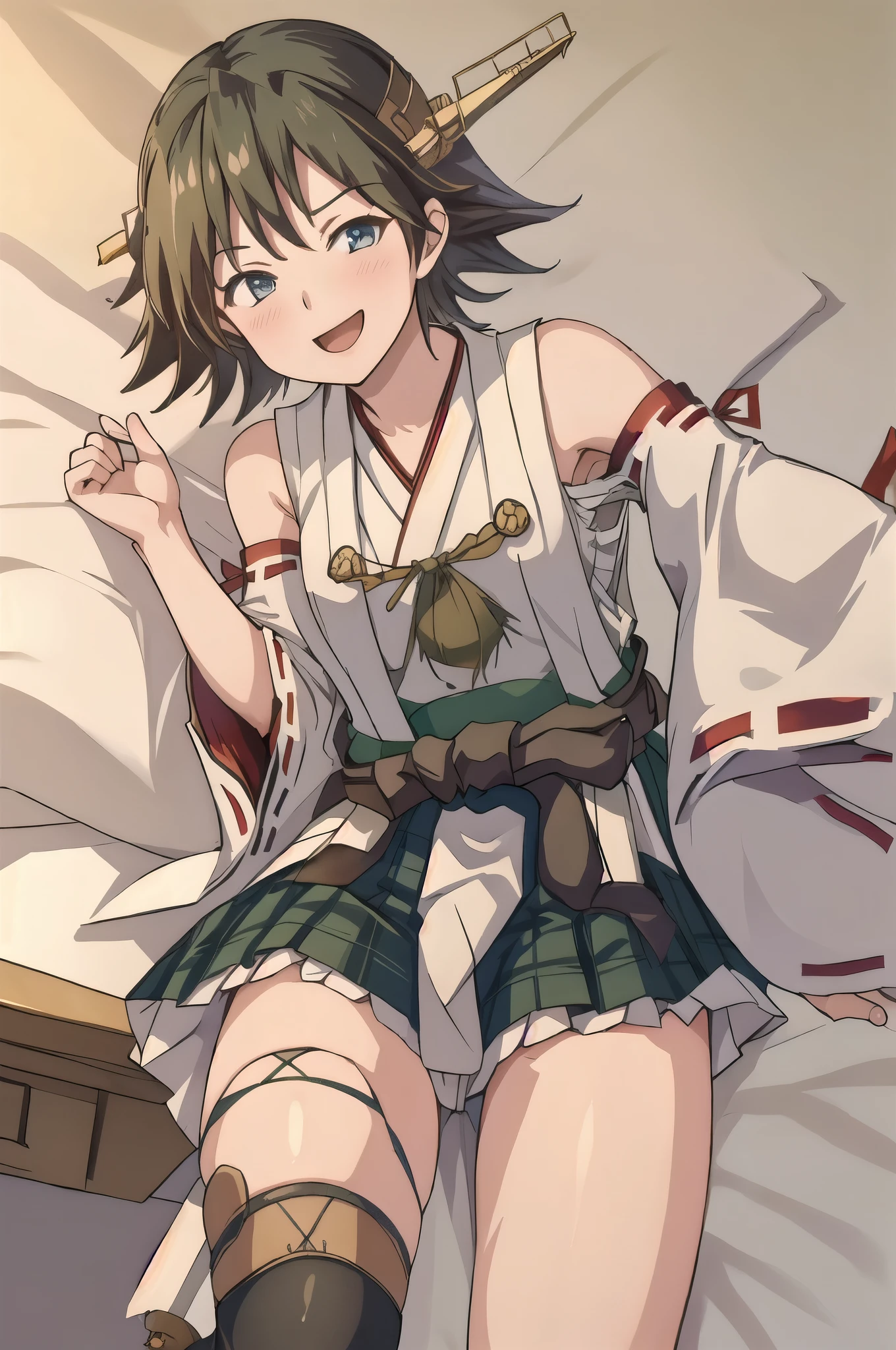 highest quality, masterpiece, High resolution, alone, {Hiei_Kantai Collection:1.15}, 明るい茶hair, hairband, headgear, Non-traditional_Miko, smile, green_eye, Inverted up_hair, Open_mouth, One Girl, Dependent_sleeve, green_skirt, Japanese_Clothes, one hour_draw with g_Challenge, Plaid, Plaid_skirt, ribbon-trimmed_sleeve, ribbon_trim, skirt, Office Background, 