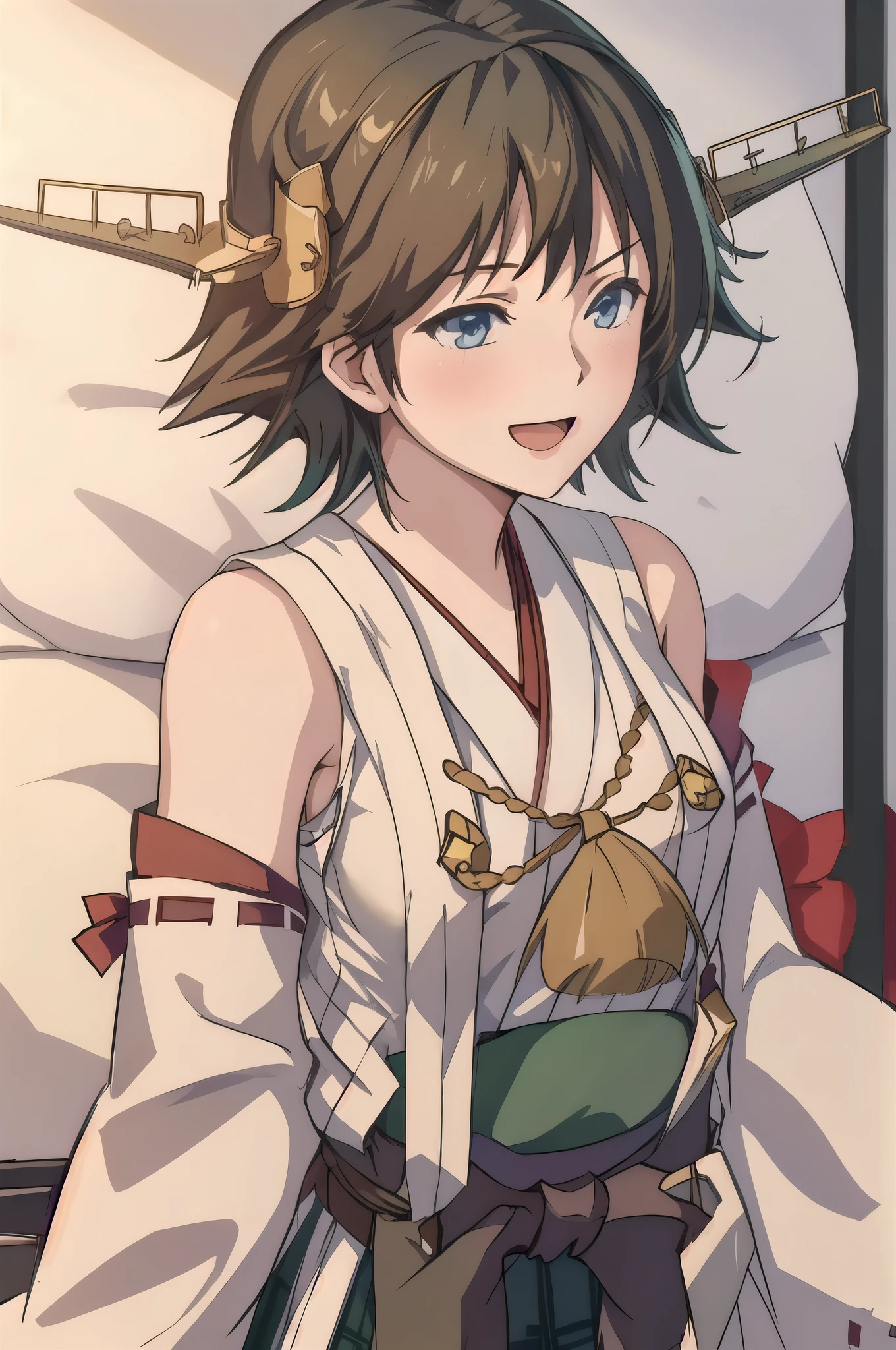 highest quality, masterpiece, High resolution, alone, {Hiei_Kantai Collection:1.15}, 明るい茶hair, hairband, headgear, Non-traditional_Miko, smile, green_eye, Inverted up_hair, Open_mouth, One Girl, Dependent_sleeve, green_skirt, Japanese_Clothes, one hour_draw with g_Challenge, Plaid, Plaid_skirt, ribbon-trimmed_sleeve, ribbon_trim, skirt, Office Background, 
