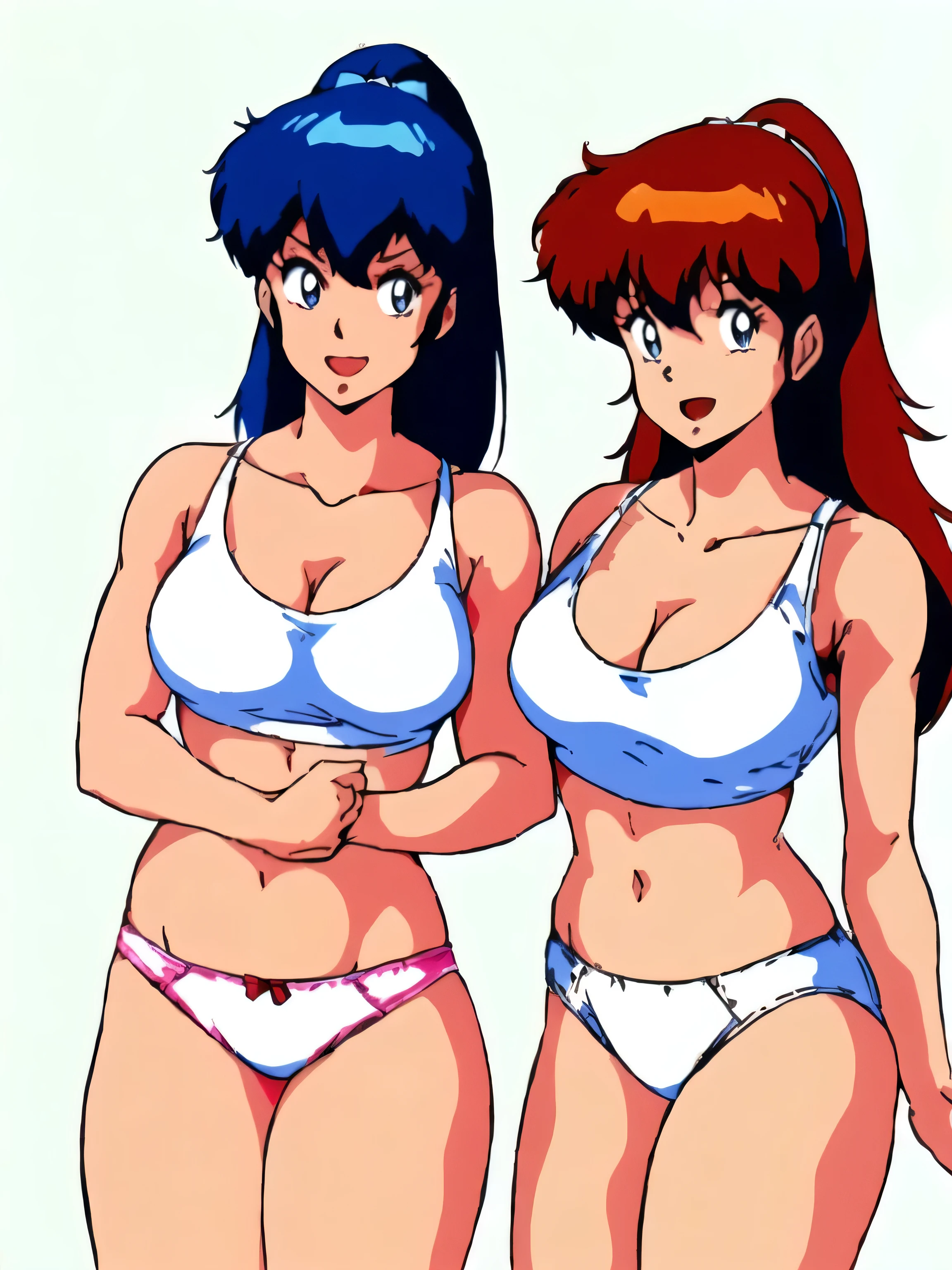 (room, Bedroom), 2People Girls, (Embrace each other, Face), looking at the camera, highest quality, 8K, High resolution, Crisp animation quality, (Perfect Face, Detailed face), (miki), Are standing, Blue eyes, (Fine grain:1.3, Detailed and high resolution), (short hair, Navy blue hair), smile, (Open your mouth:1.2), (Large Breasts:1.2), (White tank top:1.5, Sexy), (Beautiful cleavage:1.2), Denim shorts, (White panties are visible:1.2, Sexy), highest quality, 8K, High resolution, Crisp animation quality, (Perfect Face, Detailed face),(erika), Are standing, Blue eyes, (Fine grain:1.3, Detailed and high resolution), (Long hair, Red Hair), smile, pink headband, (Blushing:1.2), (Large Breasts:1.2), (White tank top:1.5, Sexy), (Beautiful cleavage:1.2), mini skirt, (White panties are visible:1.2, Sexy),highest quality, 8K, High resolution, Crisp animation quality,