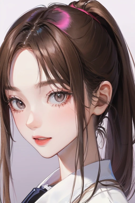 girl, long brown hair, Gray eyes, Sharp features, White skin, Pink lips, Ponytail