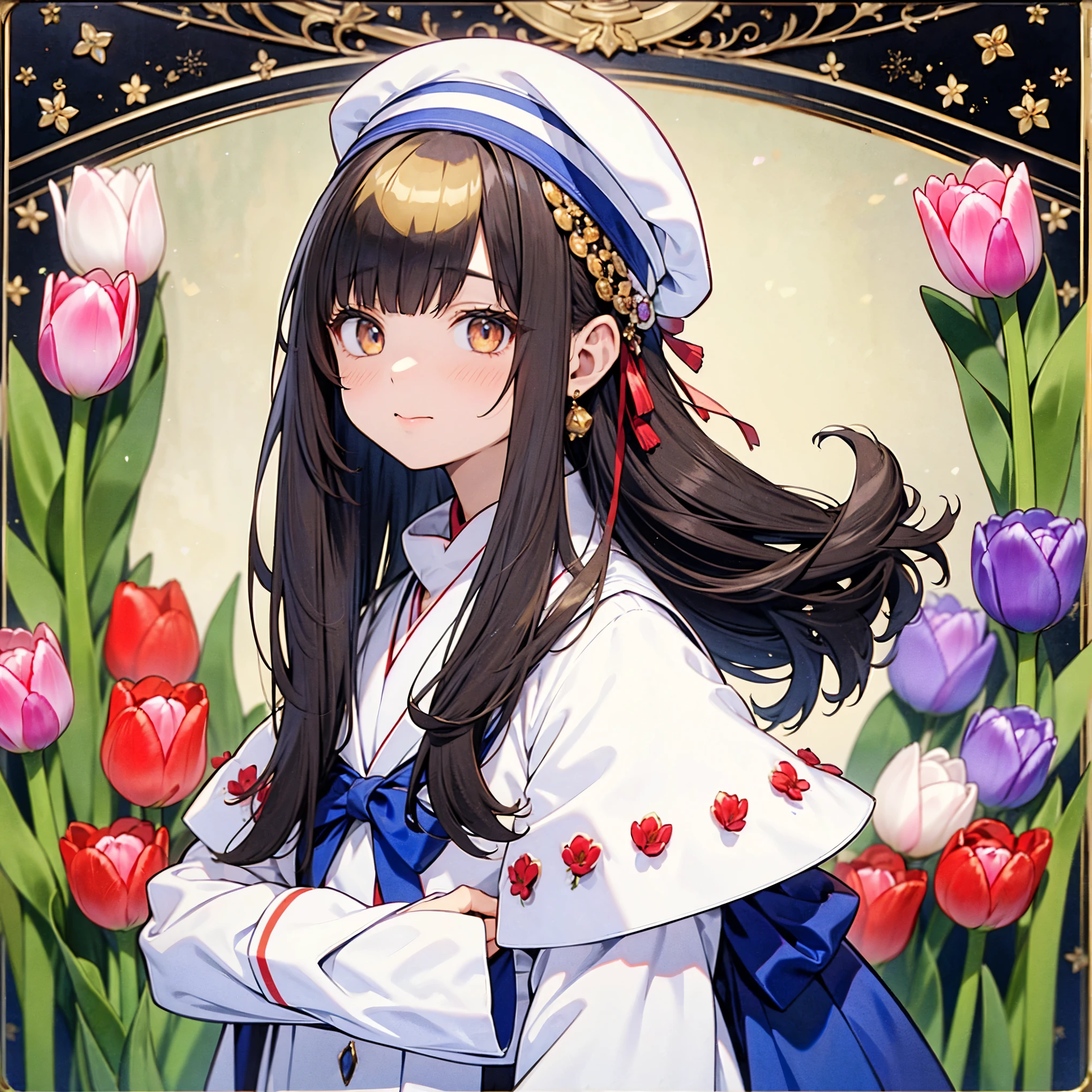 Turk,Fez hat,turbaned,turbanedにチューリップを飾る,Masterpiece,highest quality,Head decoration: fresh tulips,Full body portrait,Tulip flower on ear