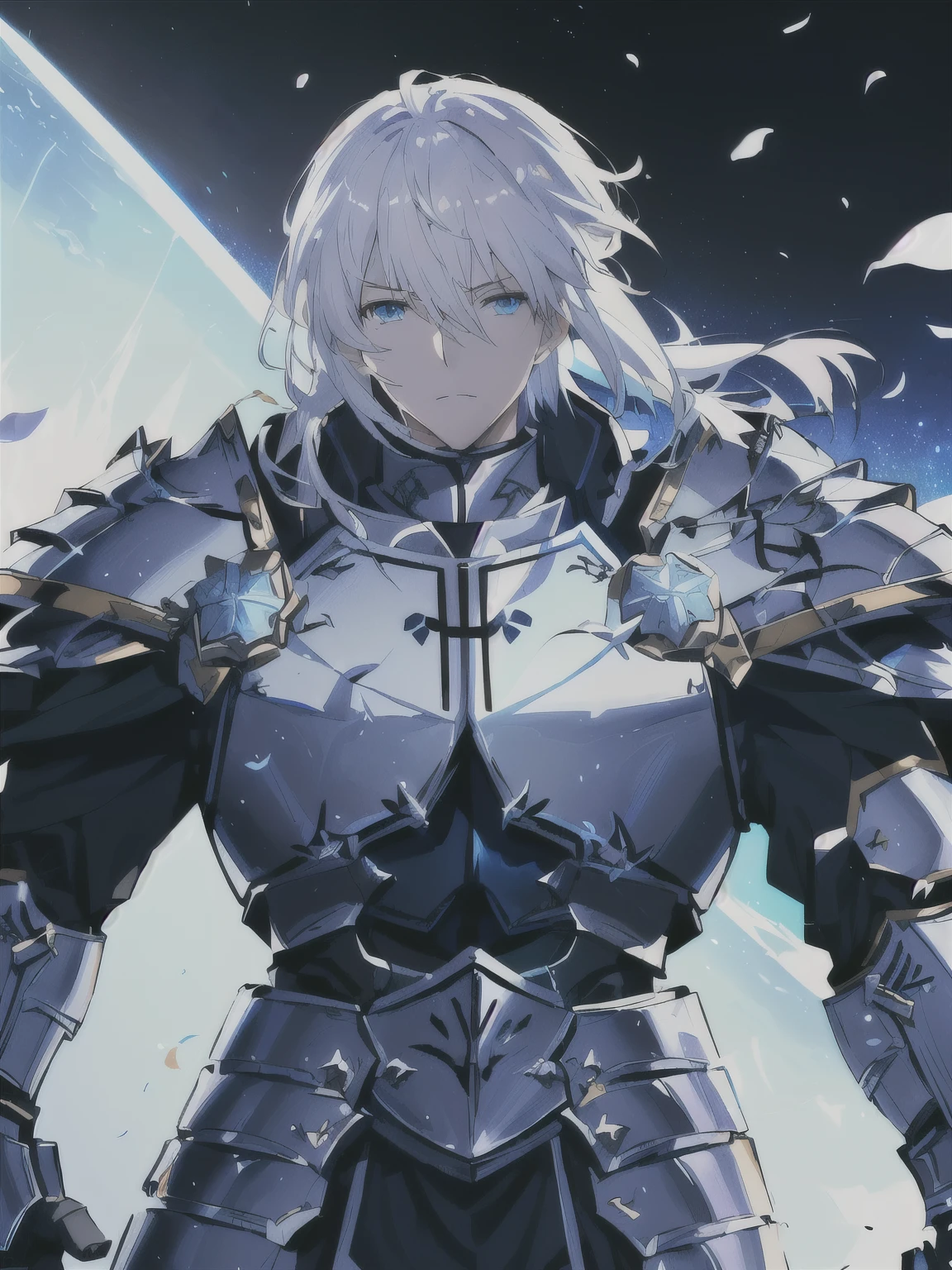 anime character with white hair and blue eyes standing in front of a planet, fate grand order, isekai, fate / stay night, anime style like fate/stay night, a human male paladin, from arknights, (((knight))), fate stay night, blue armor, glowing lights in armor, male paladin, popular isekai anime
