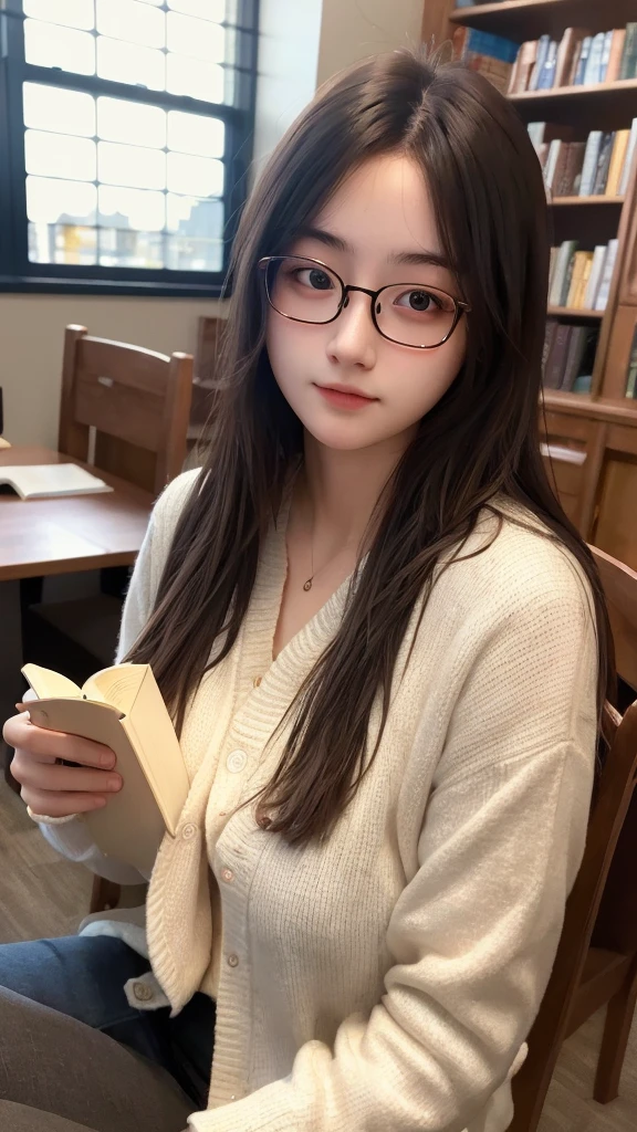 masterpiece, best quality, Extremely detailed CG Unity 8K wallpaper,
A beautiful girl, read,
university student, Glasses,
library, Detailed background,
