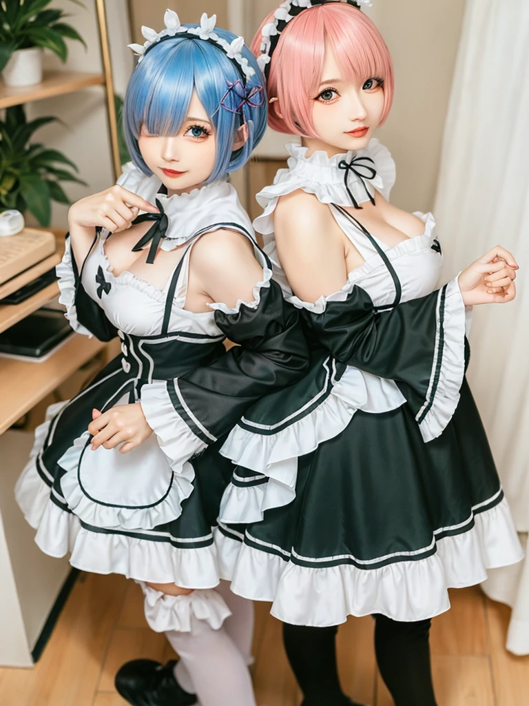 (8K, Photorealistic, Raw photo, of the highest quality: 1.3), (1girl in), Super beautiful, (Realistic face), (boyish, pink Color Berry Shorthair), Beautiful , Glare that captivates the viewer, Beautiful expression, Beautiful breasts, (Realistic skin), Be...Create a detailed and colorful image of Ram and Rem from Re:Zero, standing back-to-back in their maid outfits, with a magical fantasy background、14years old, two girls,cute, perfect face, beautiful, nice body, gothic ta clothes, gothic loliashion, frilly skirt, headdress, necklace, bracelet, knee-high socks, boots, double eyelids, tear bags, Detailed down to the fingers, photo-like description, indoors, dim indoor lighting, one girl is pink hair and short bob, another girl is light blue hair and short bob,standing,whole body, composition that shows the whole body, smiling,The Both of them are wearing the same type of maid outfit,Optimal ratio of 4 fingers and 1 thumb