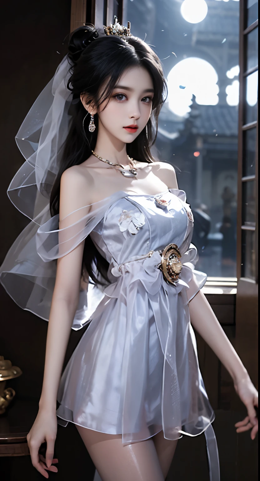((masterpiece))((8k resolution)) Under the moonlight、A beautiful woman in her twenties who looks like a fairy wearing a white off-the-shoulder short dress、 Skin as clear as porcelain、Beautiful Legs Pantyhose、Brown hair as smooth as a waterfall、 ((bangs) )、((Viewer Perspective))、(透明感と艶のあるlightgrey pantyhose)、 (All-through pantyhose for Race Queens),、Her face is a fairy of the sky,、Crescent-shaped eyebrows and black eyes、double eyelid、Her eyes are starry and clear and intelligent.、lightgrey pantyhose、 In this transparent space, she seems like she is not of this world.、Her beautiful face is somehow sad、It speaks of thousands of years of solitude.、 The moonlight falls on her body、 A mysterious beauty, as if wrapped in a veil of light、 彼女の美しさはpeople々Captivate、 people々I can't help but want to take a closer look.、Like a goddess in the palace of the moon、Fantastic scenery
