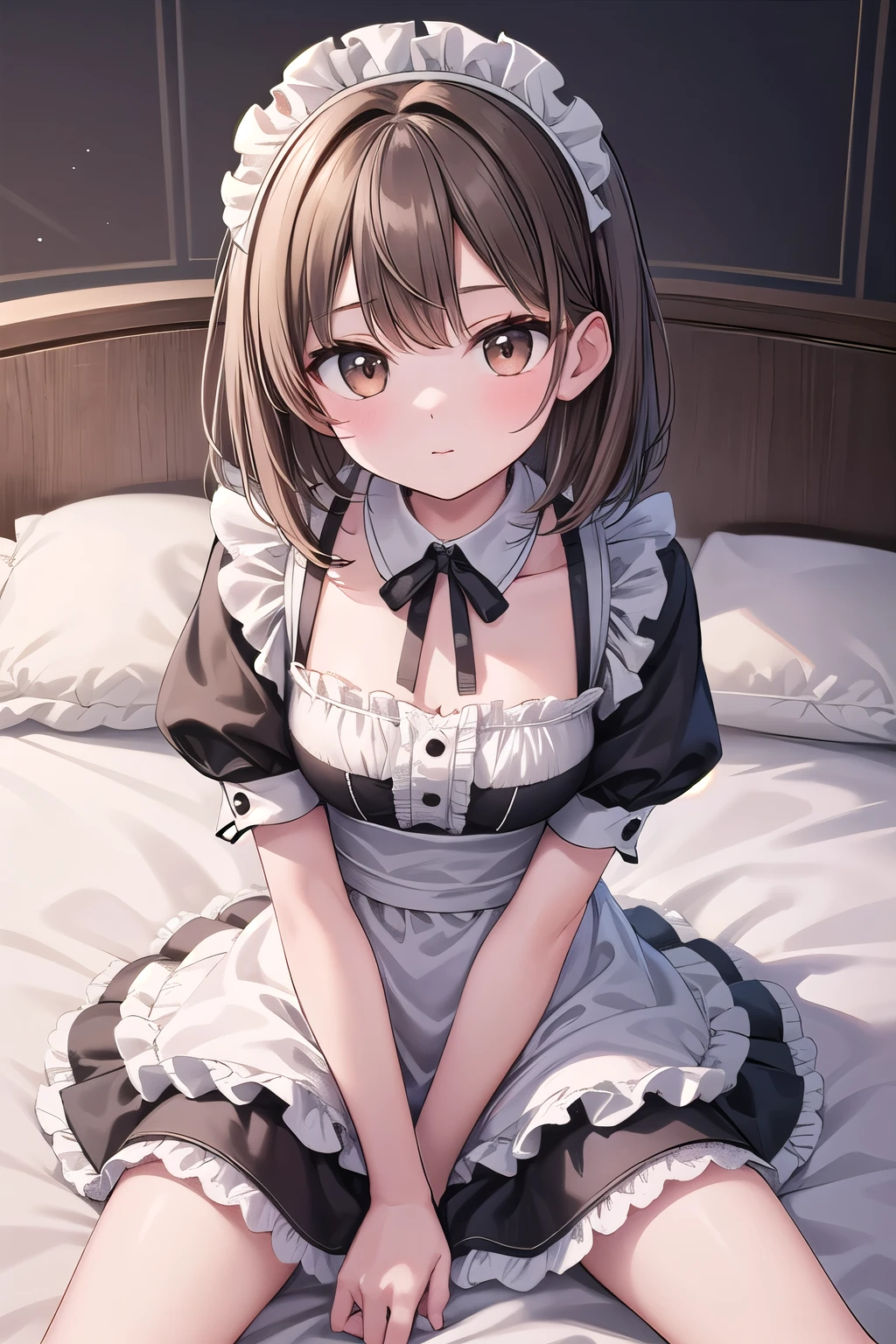 Solo Girl, 20-year-old,, Medium Hair, Light brown hair, Brown eyes, Mid-chest, highest quality, High resolution, Very detailed, Detailed Background, Perfect lighting、Sitting on the bed with legs spread、Extreme maid outfit、very cute