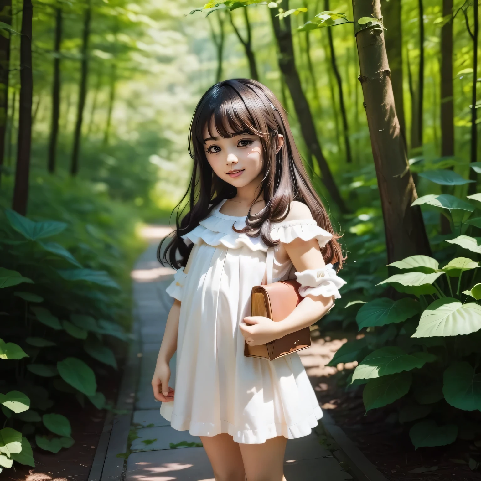 Cute Baby Little Anime,super masterpiece, highest quality, Very detailed, Girl 1、(((Little)))、Black-haired、Magic 、Magic wand、Laughing with your mouth open、Looking at the camera、Full Body Shot、Forests and lakes in the Magic land of fairy tales