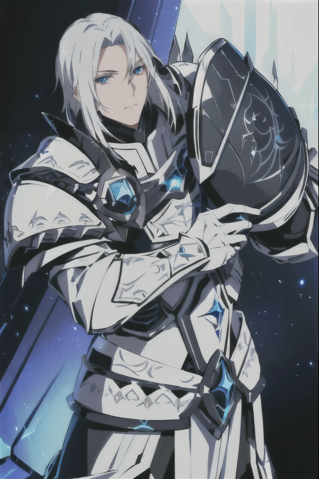 anime character with white hair and armor holding a shield, clear eyes , sliver ice color reflected armor, white armor, blue and ice silver color armor, ice crystal armor, intricate white armor, detailed white armor, dressed in light armor, wearing diamond armor, covered in full silver armor, a human male paladin, wearing shining plate armor, in opal armor, pale blue armor