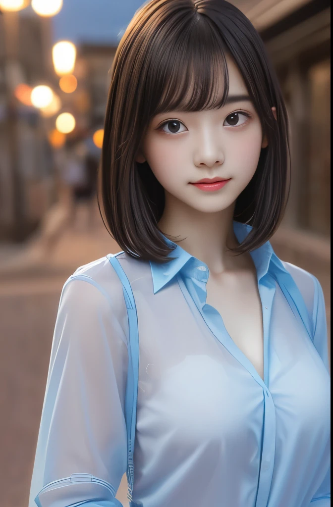 highest quality,Photo quality,Ultra-high resolution,Professional Lighting,************,Beautiful face like an actress,(high school student:1.3),Transparent blouse:0.8,Short bangs,Large breasts,