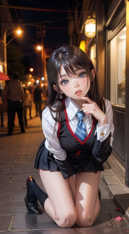 Beautiful young girl, short uniform skirt, winking, seductive,kneeling, sucking pollipop deep inside her mouth