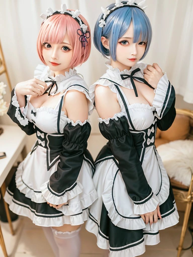 (8K, Photorealistic, Raw photo, of the highest quality: 1.3), (1girl in), Super beautiful, (Realistic face), (boyish, pink Color Berry Shorthair), Beautiful , Glare that captivates the viewer, Beautiful expression, Beautiful breasts, (Realistic skin), Be...Create a detailed and colorful image of Ram and Rem from Re:Zero, standing back-to-back in their maid outfits, with a magical fantasy background、14years old, two girls,cute, perfect face, beautiful, nice body, gothic lolita clothes, gothic lolita fashion, frilly skirt, headdress, necklace, bracelet, knee-high socks, boots, double eyelids, tear bags, Detailed down to the fingers, photo-like description, indoors, dim indoor lighting, one girl is pink hair and short bob, another girl is light blue hair and short bob,standing,whole body, composition that shows the whole body, smiling,The Both of them are wearing the same type of maid outfit,Optimal ratio of 4 fingers and 1 thumb