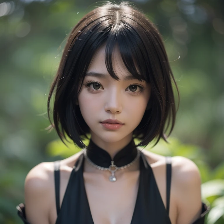 filmg, film portrait photography, 1girl, bare shoulders, black hair with bob cut, calm, gentle, (realistic detailed eyes, natural skin texture, realistic face details), soft dramatic lighting, depth of field, bokeh, vivid details, detail, ultra realistic, 35mm film, blur