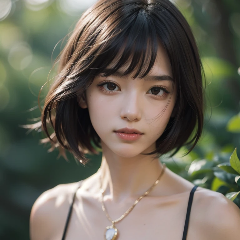 filmg, film portrait photography, 1girl, bare shoulders, black hair with bob cut, calm, gentle, (realistic detailed eyes, natural skin texture, realistic face details), soft dramatic lighting, depth of field, bokeh, vivid details, detail, ultra realistic, 35mm film, blur