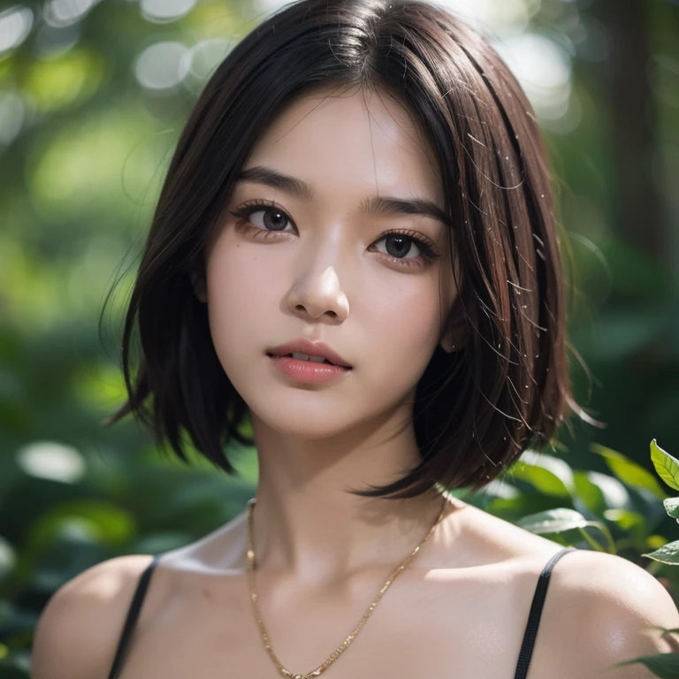filmg, film portrait photography, 1girl, bare shoulders, black hair with bob cut, calm, gentle, (realistic detailed eyes, natural skin texture, realistic face details), soft dramatic lighting, depth of field, bokeh, vivid details, detail, ultra realistic, 35mm film, blur