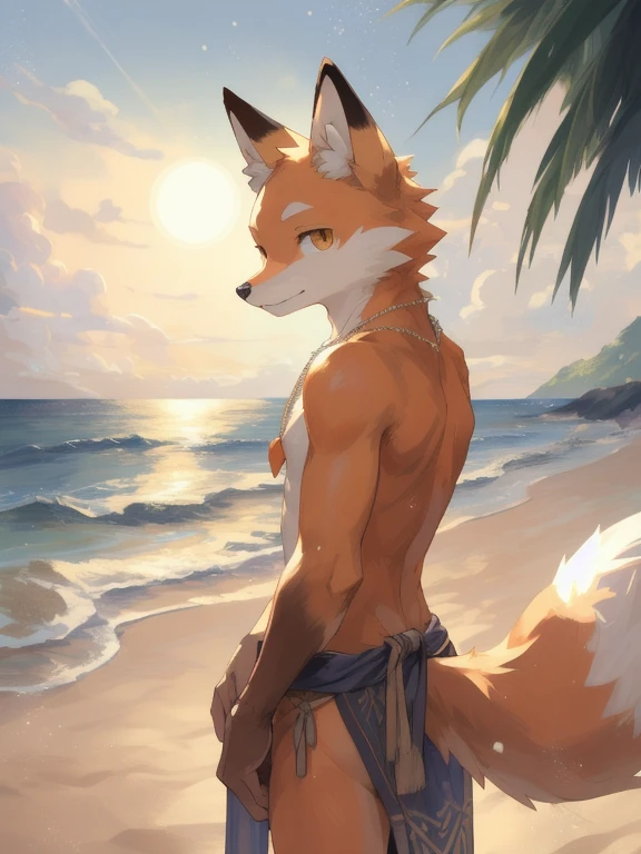 masterpiece, high quality, hi res, digital painting \(artwork\), by kuroisumi, yupa,kiyosan. soft lighting, solo, (anthro male fox), (orange body), sunshine, beach, loincloth, sea, cloud, dark, bright, sand, from side, necklace. impasto, panorama,portrait,135mm,looking at viewer,character focus. detailed background,amazing background,outdoors,scenery,light particles, kemono, (cute), ass, thin