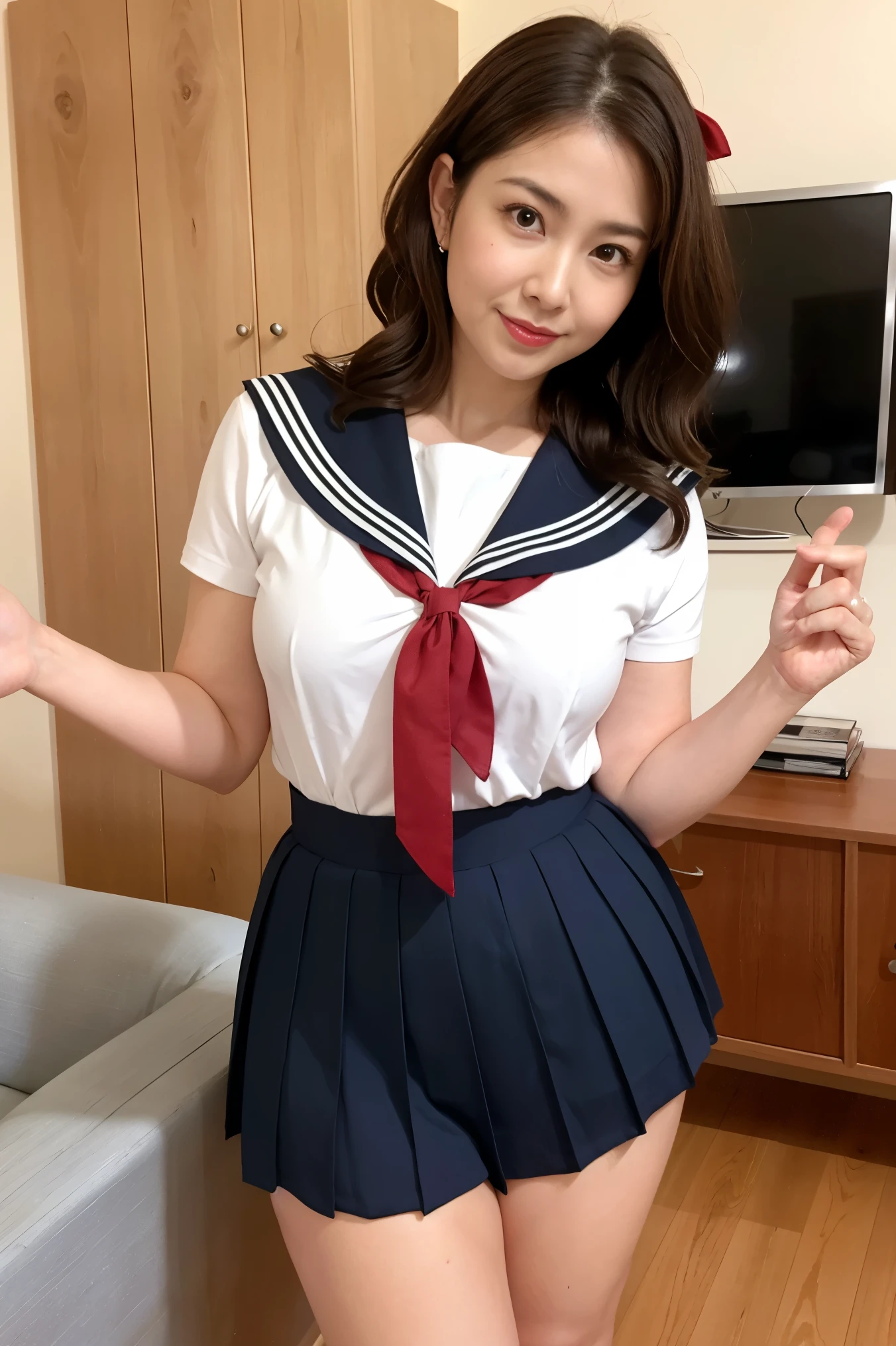 housewife, 32 years old, height: 158cm, ((In the living room)), ((cute)), Clean atmosphere, clear, Big Breasts, Hard breasts, Big Ass, (Thick lips), Curvy body type, Beautifully styled hair, (High school girl in sailor uniform:1.2), Medium Short, (Red ribbon:1.2)