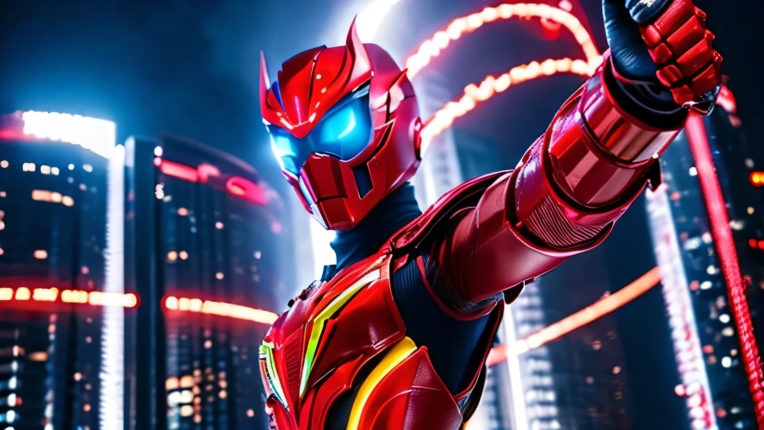 Lightning theme、Red Kamen Rider、fist of flame、skyscraper