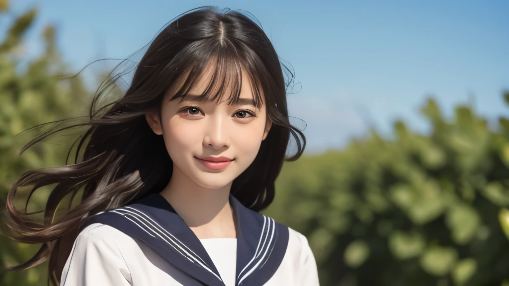 (Realistic: 1.4), (highest quality: 1.4), (Fine grain), Full body shot, ((Under the blue sky)), ((Looking Up)), ((One high school girl)), Black wavy hair, ((Sailor suit)), Wide eyes, Blushed face, ((smile)), Highly detailed face and skin texture, Healthy Skin, 8k resolution