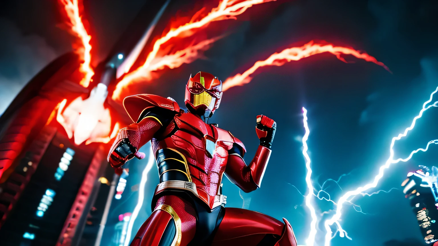 Lightning theme、Red Kamen Rider、fist of flame、skyscraper