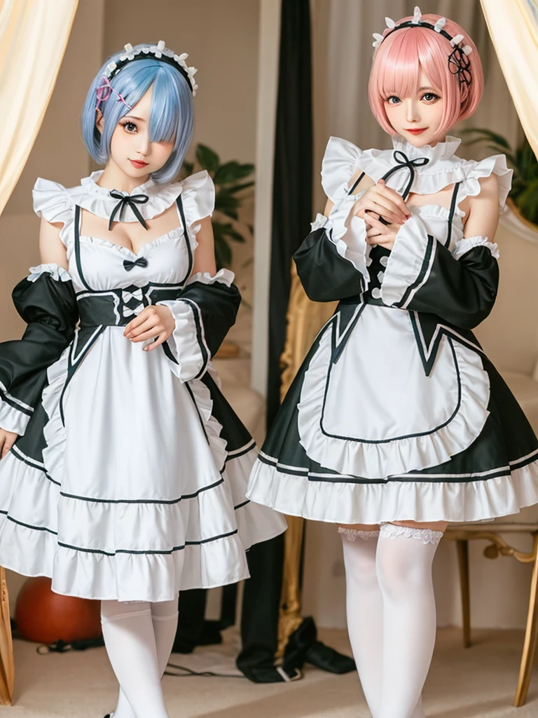 (8K, Photorealistic, Raw photo, of the highest quality: 1.3), (1girl in), Super beautiful, (Realistic face), (boyish, pink Color Berry Shorthair), Beautiful , Glare that captivates the viewer, Beautiful expression, Beautiful breasts, (Realistic skin), Be...Create a detailed and colorful image of Ram and Rem from Re:Zero, standing back-to-back in their maid outfits, with a magical fantasy background、14years old, two girls,cute, perfect face, beautiful, nice body, gothic lolita clothes, gothic lolita fashion, frilly skirt, headdress, necklace, bracelet, knee-high socks, boots, double eyelids, tear bags, Detailed down to the fingers, photo-like description, indoors, dim indoor lighting, one girl is pink hair and short bob, another girl is light blue hair and short bob,standing,whole body, composition that shows the whole body, smiling,The Both of them are wearing the same type of maid outfit,Optimal ratio of 4 fingers and 1 thumb