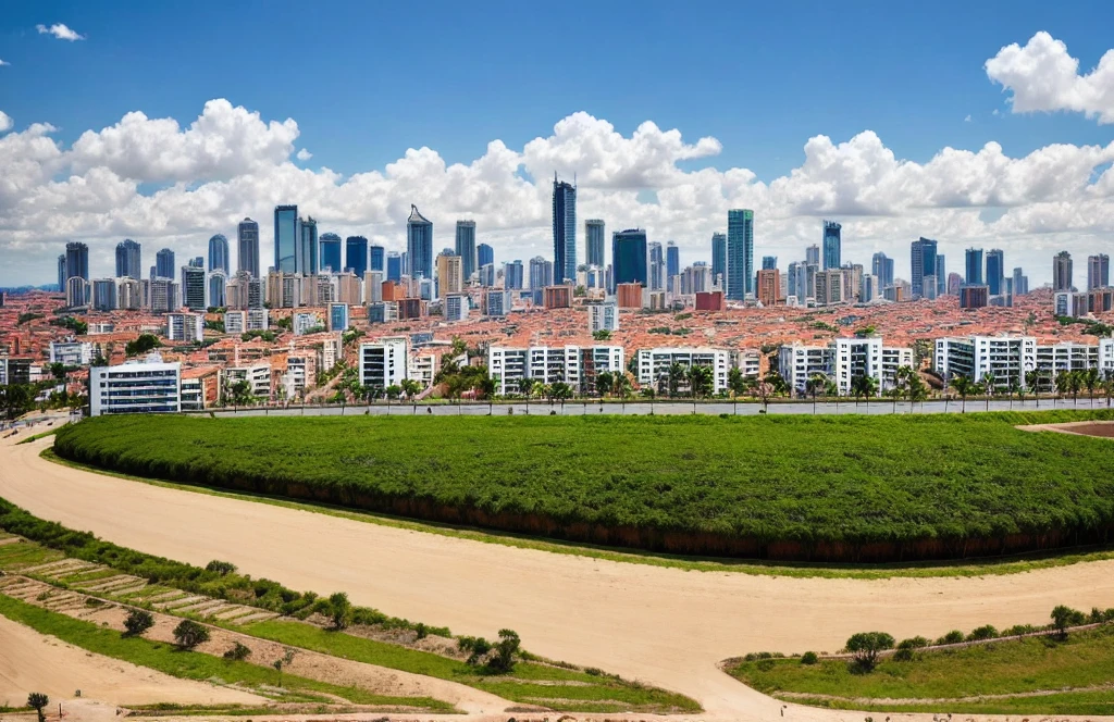uma cidade futurista  com varios predios  e varias loja 