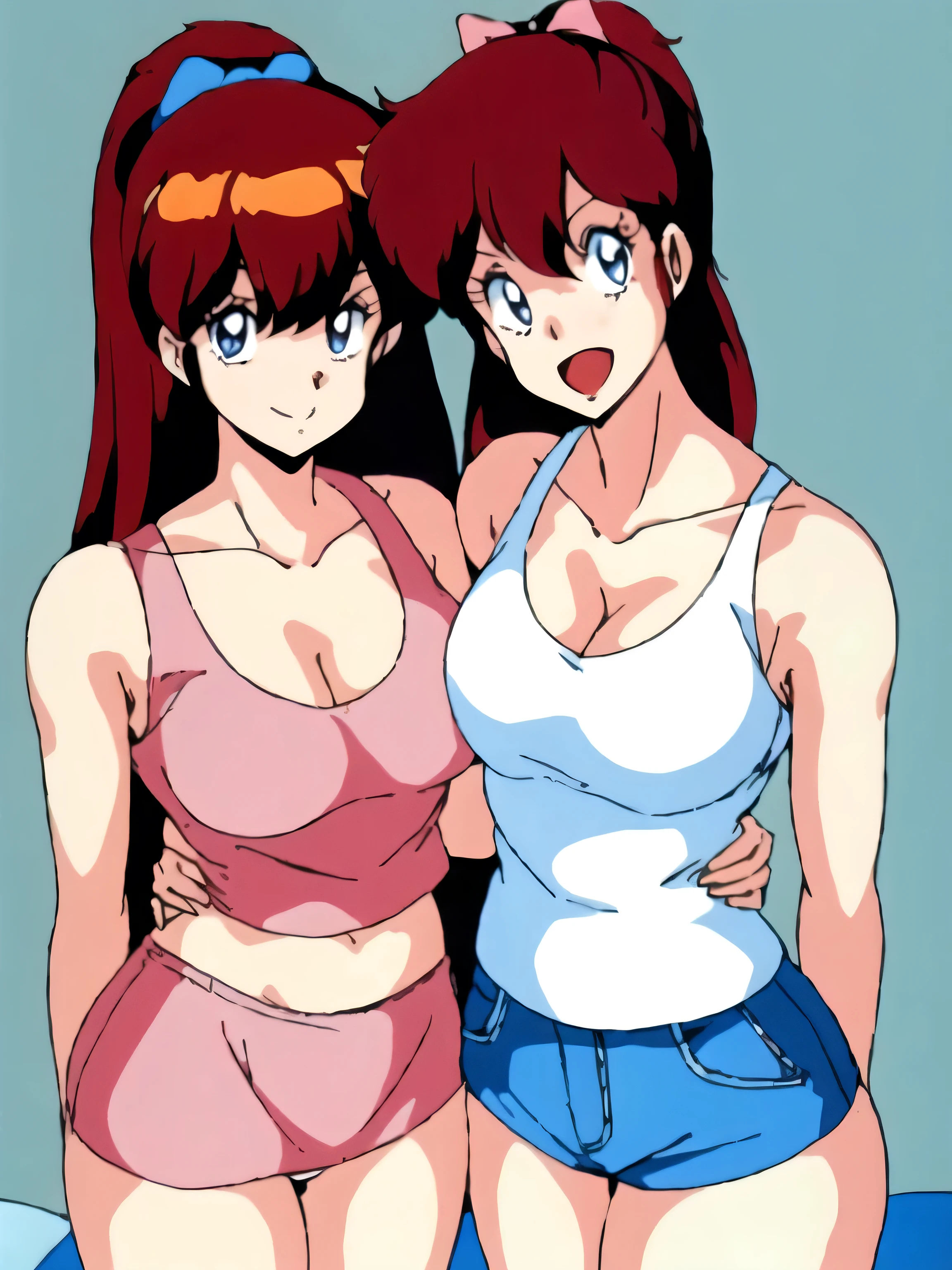 (room, Bedroom), 2People Girls, (Embrace each other, Face), looking at the camera, highest quality, 8K, High resolution, Crisp animation quality, (Perfect Face, Detailed face), (miki), Are standing, Blue eyes, (Fine grain:1.3, Detailed and high resolution), (short hair, Navy blue hair), smile, (Open your mouth:1.2), (Large Breasts:1.2), (White tank top:1.5, Sexy), (Beautiful cleavage:1.2), (Denim shorts are visible:1.2, Sexy), highest quality, 8K, High resolution, Crisp animation quality, (Perfect Face, Detailed face),(erika), Are standing, Blue eyes, (Fine grain:1.3, Detailed and high resolution), (Long hair, Red Hair), smile, pink headband, (Blushing:1.2), (Large Breasts:1.2), (White tank top:1.5, Sexy), (Beautiful cleavage:1.2), mini skirt, (mini skirt_White panties are visible:1.2, Sexy),highest quality, 8K, High resolution, Crisp animation quality,