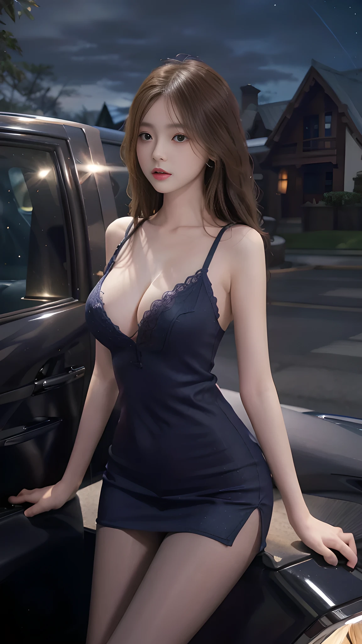 full hd 8k, Girl standing in front of a dark night scene, full moonlight reflecting on her beautiful face. Her long, silky hair was gently blown by the night wind, creating a gentle and romantic feeling. Next to her is a luxury car, showing her success and class. She looked up at the starry sky, as if searching for something, her eyes showed contemplation and loneliness. The full moon shines in the night sky creating a beautiful scene. The girl has long, silky hair, creating a luxurious and noble beauty. The moonlight shines on the girl's delicate face, highlighting her large, round light brown eyes, creating a natural, gentle beauty. She wore a shirt and short jeans, short jeans, showing off her seductive and luxurious beauty. Her plumble breasts were exposed, revealing her plumble and extremely sexy breasts. These images capture detailed panoramic portraits and views of the sky and cars. All create a beautiful, wonderful picture that makes people unable to take their eyes off the scene. All these details are described clearly and sharply, sexyly poses