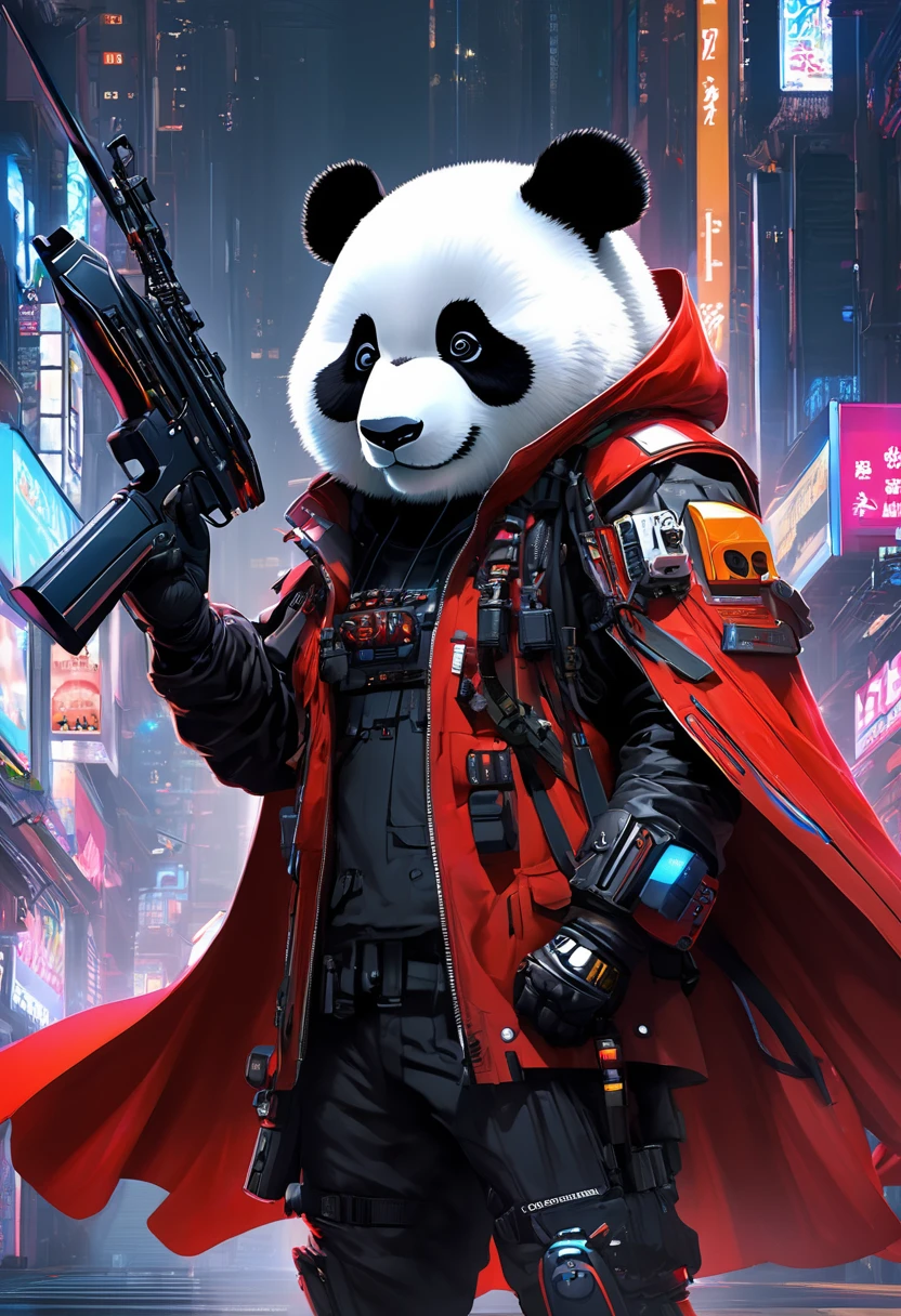 a man wearing a rifle、Panda in a red cape, Cyberpunk dystopian style, Charming characters, Huang Shilin, Full of energy and action, Randomly dispersed, White and orange, Flick, 超现实主义氛围style, Michael Cormack, Urban intervention, Code-based creation, Intense close-up, instant transfer, Featured animals, Charming characters, kawaii chic style, 32K Ultra HD, air brush art, detailed微缩模型, dark, Miki Asai'style, 32K Ultra HD, dark beige and red, kawaii art style, Photorealistic rendering, 32K Ultra HD, detailed, Charming illustrations, Player Core,(best quality,4K,8k,high resolution,masterpiece:1.2),Super detailed,(Practical,Realistically,Realistically:1.37),