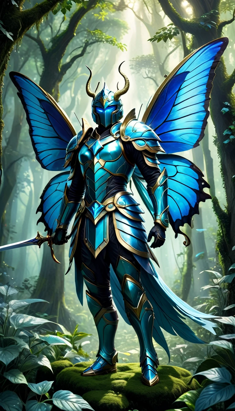 anthropomorphic blue butterfly,warrior,sword,fantasy art,(best quality,4k,8k,highres,masterpiece:1.2),ultra-detailed,(realistic,photorealistic,photo-realistic:1.37),illustration,ethereal,shiny armor,majestic wings,enchanted forest,lush greenery,vibrant colors,magic,divine light,dramatic pose,heroic stance,mystical background,mythical creatures,mythical landscape,otherworldly,beauty and strength,evocative,mythical realism,mythical symbolism,universe of dreams,hero's journey,defender of the land,magical realm,legendary,adventurous,celestial ambiance,heroic destiny,mythical powers,guardian of nature,eternal protector,transformational journey,fierce determination,shape-shifting abilities,unleash its full potential,legendary weapon,ferocity and grace,unparalleled skills,embodiment of courage,winged guardian,mythical conquest,mythical hero.