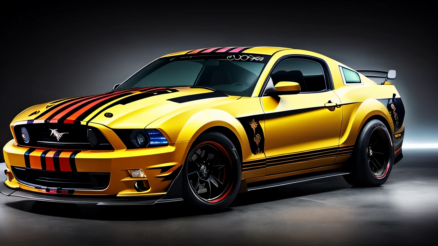 a multicolors car with a skeleton on the side of it, anime car wrap, wide body, samurai vinyl wrap, realistic paint job, mustang, 8 k highly detailed ❤🔥 🔥 💀 🤖 🚀, “hyper realistic, ✏️🎨, car with holographic paint, multi color, tunning, trending on artstation.', hyper detailed masterpiece, hyper realistic ”
