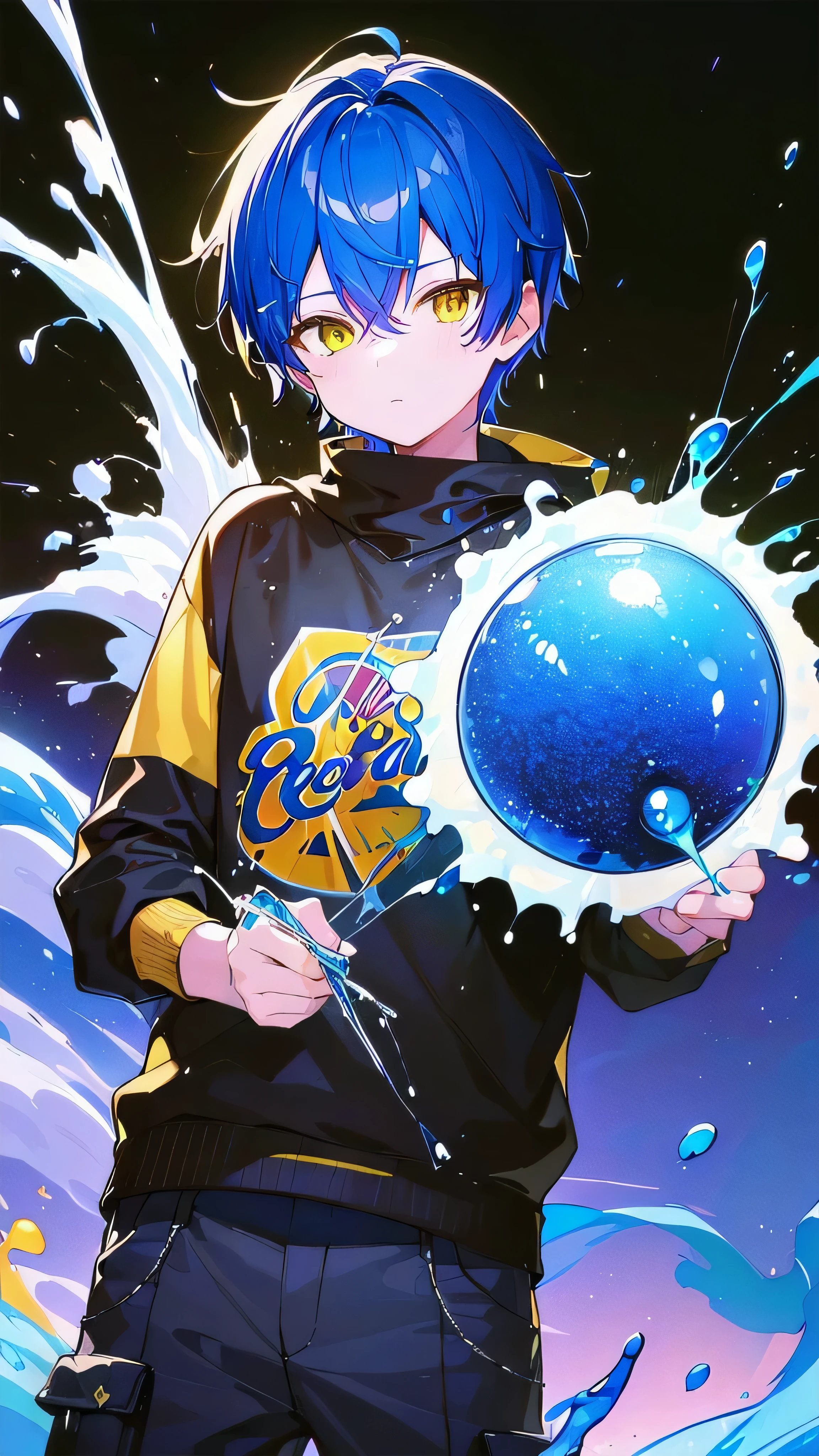 [(BLACK BACKGROUND:1.5),::5], ((((masterpiece)))), high quality, very_high_resolution, large_filesize, full color, ((younger boy)), 13 old year, short deepblue hair, vivid color, ((yellow eye)), civilian clothes white, animestyle, (Soda Splash effect:1.3)