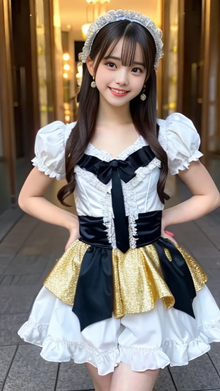 photo realistic, a girl in gold satin dress, 14 yo, pretty face, Magical Lolita Girl,Lolita Fashion, Colorful frilly satin costume:1.2, smile、Double teeth, detailed Face, detailed Eyes、Drooping eyebrows, blush, break, Bright lighting, diagonal standing pose, low angle:1.4, knee shot:1.4