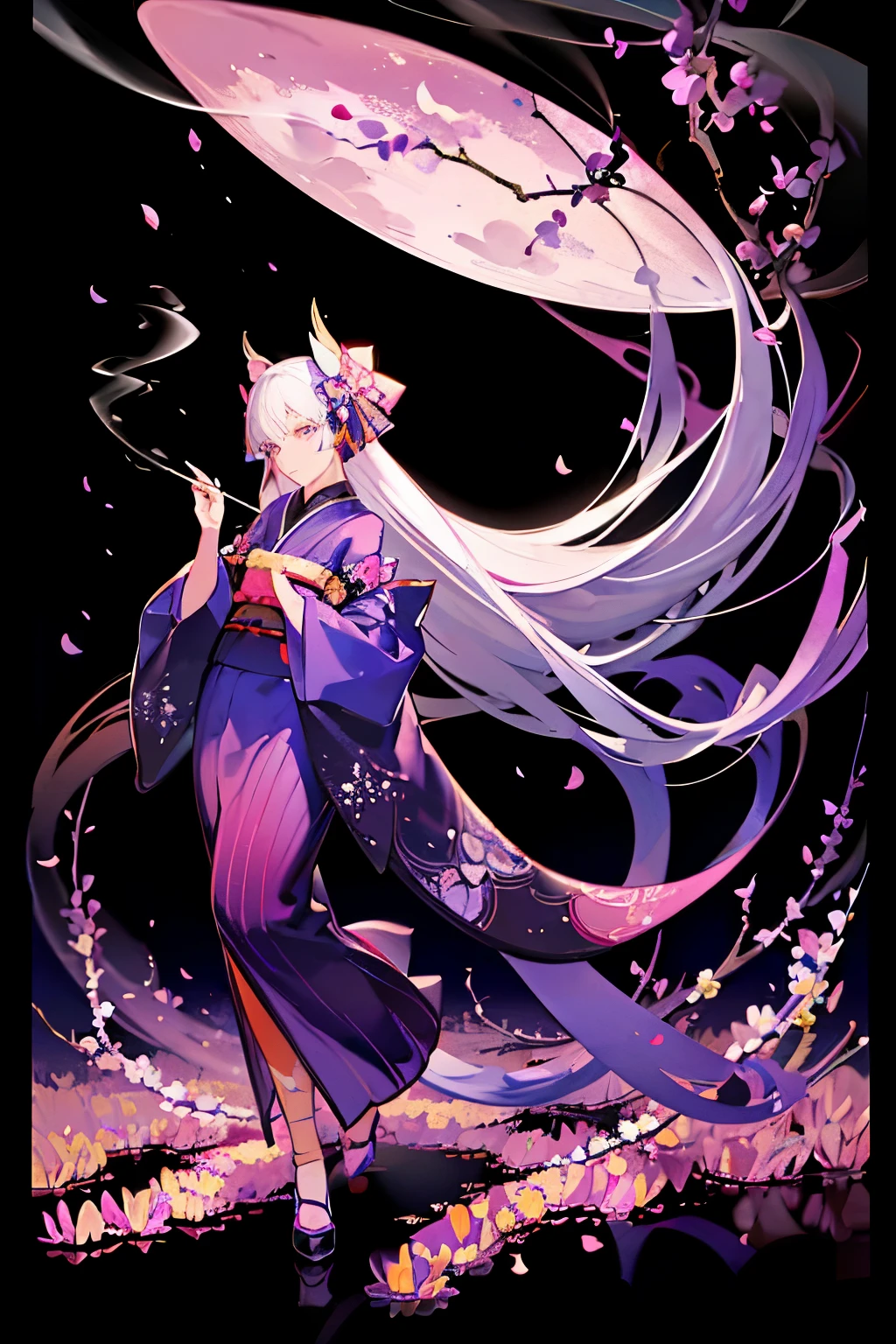 masterpiece,highest quality,Wisteria flowers are blooming,Beautiful woman in kimono standing,The moon shines beautifully,Beautiful woman holding a cigarette,Smoke makes it mysterious