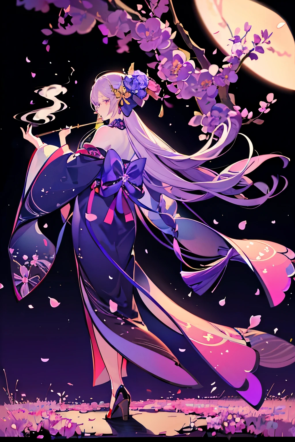 masterpiece,highest quality,Wisteria flowers are blooming,Beautiful woman in kimono standing,The moon shines beautifully,Beautiful woman holding a cigarette,Smoke makes it mysterious