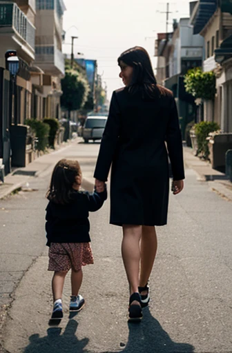 a mother walks with her daughter holding hands