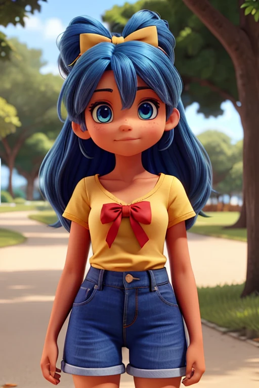 de eyes blue azuis cabelo castanho, with bow in the hair, de blusa amarela e short jeans, em um parque.