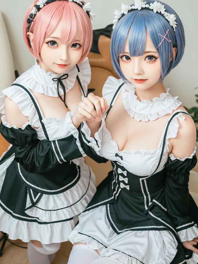 (8K, Photorealistic, Raw photo, of the highest quality: 1.3), (1girl in), Super beautiful, (Realistic face), (boyish, pink Color Berry Shorthair), Beautiful , Glare that captivates the viewer, Beautiful expression, Beautiful breasts, (Realistic skin), Be...Create a detailed and colorful image of Ram and Rem from Re:Zero, standing back-to-back in their maid outfits, with a magical fantasy background、14years old, two girls,cute, perfect face, beautiful, nice body, gothic ta clothes, gothic loliashion, frilly skirt, headdress, necklace, bracelet, knee-high socks, boots, double eyelids, tear bags, Detailed down to the fingers, photo-like description, indoors, dim indoor lighting, one girl is pink hair and short bob, another girl is light blue hair and short bob,standing,whole body, composition that shows the whole body, smiling,The Both of them are wearing the same type of maid outfit,Optimal ratio of 4 fingers and 1 thumb