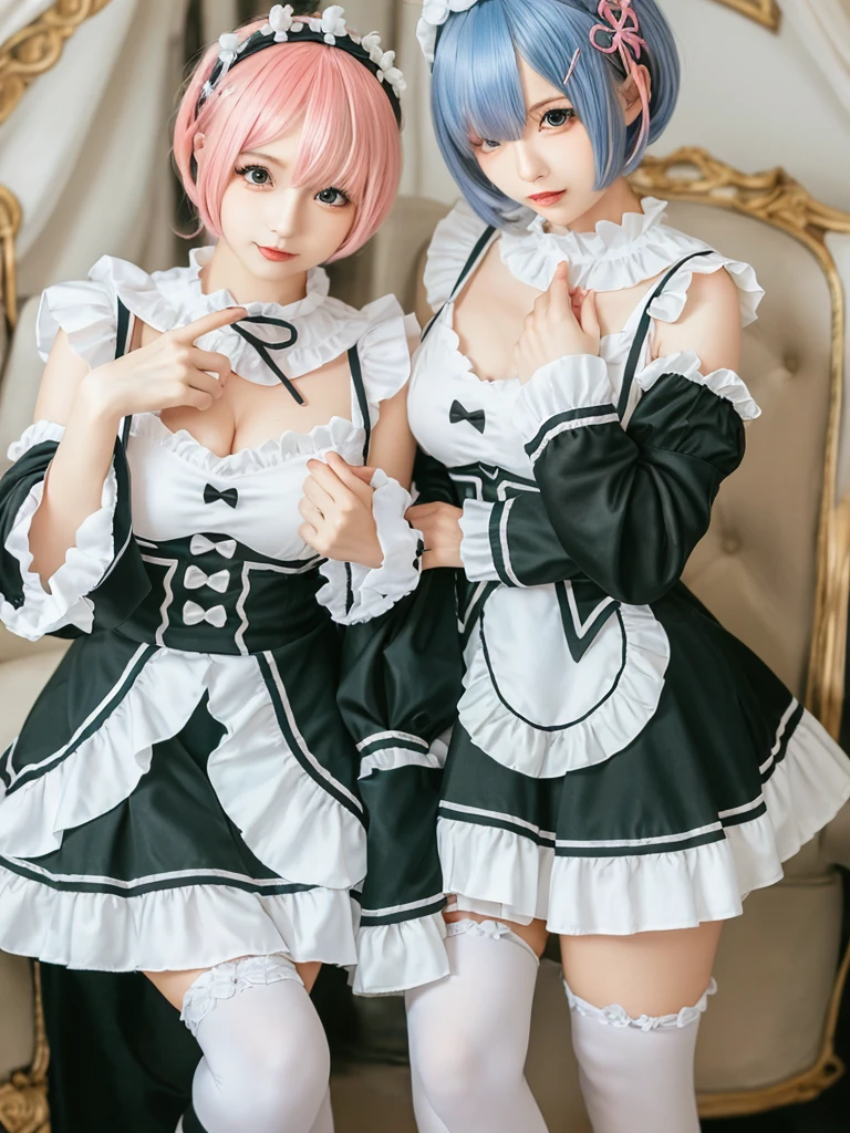 (8K, Photorealistic, Raw photo, of the highest quality: 1.3), (1girl in), Super beautiful, (Realistic face), (boyish, pink Color Berry Shorthair), Beautiful , Glare that captivates the viewer, Beautiful expression, Beautiful breasts, (Realistic skin), Be...Create a detailed and colorful image of Ram and Rem from Re:Zero, standing back-to-back in their maid outfits, with a magical fantasy background、14years old, two girls,cute, perfect face, beautiful, nice body, gothic lolita clothes, gothic lolita fashion, frilly skirt, headdress, necklace, bracelet, knee-high socks, boots, double eyelids, tear bags, Detailed down to the fingers, photo-like description, indoors, dim indoor lighting, one girl is pink hair and short bob, another girl is light blue hair and short bob,standing,whole body, composition that shows the whole body, smiling,The Both of them are wearing the same type of maid outfit,Optimal ratio of 4 fingers and 1 thumb