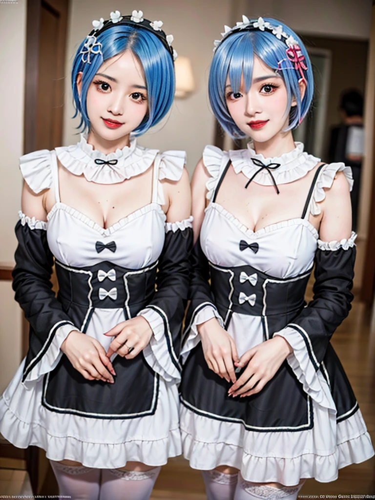 (8K, Photorealistic, Raw photo, of the highest quality: 1.3), (1girl in), Super beautiful, (Realistic face), (boyish, pink Color Berry Shorthair), Beautiful , Glare that captivates the viewer, Beautiful expression, Beautiful breasts, (Realistic skin), Be...Create a detailed and colorful image of Ram and Rem from Re:Zero, standing back-to-back in their maid outfits, with a magical fantasy background、ars old, two girls,cute, perfect face, beautiful, nice body, gothic lolita clothes, gothic lolita fashion, frilly skirt, headdress, necklace, bracelet, knee-high socks, boots, double eyelids, tear bags, Detailed down to the fingers, photo-like description, indoors, dim indoor lighting, one girl is pink hair and short bob, another girl is light blue hair and short bob,standing,whole body, composition that shows the whole body, smiling,The Both of them are wearing the same type of maid outfit,Optimal ratio of 4 fingers and 1 thumb