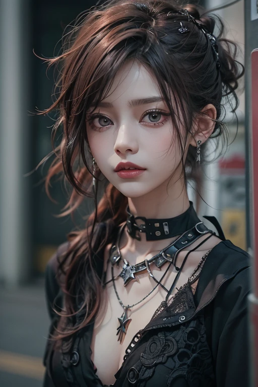 top-quality、8K、masterpiece:1.3、Gothic punk、Red inner color、A grey dark-haired、hair adornments、a beauty girl、creative、punk style、Neogos、Goth Fashion:0.8、hight resolution、masterpiece、top-quality、headw:1.3、((Hasselblad photo))、Fine-grained skin、Sharp Focus、(lighting like a movie)、shirt, shoulder out, modest chest together
