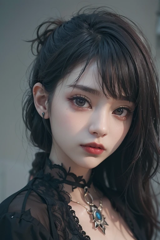 top-quality、8K、masterpiece:1.3、Gothic punk、Red inner color、A grey dark-haired、hair adornments、a beauty girl、creative、punk style、Neogos、Goth Fashion:0.8、hight resolution、masterpiece、top-quality、headw:1.3、((Hasselblad photo))、Fine-grained skin、Sharp Focus、(lighting like a movie)、shirt, shoulder out, modest chest together