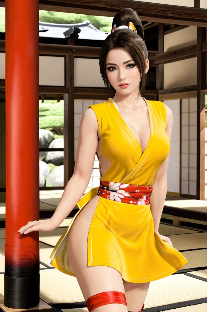Mai Shiranui, (best quality,ultra-detailed),(Realistic:1.37), beautiful and detailed face, Ultra-realistic texture, delicate face, athletic body, vivid colors. High definition, 8k, smilling expression