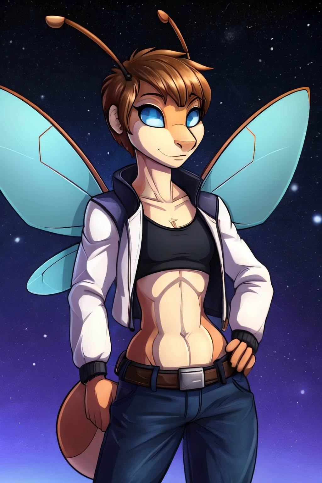 (Cute anthro Ant), Tomboy, pretty face, human nose, space station background, thin body, slim, fit, very short hair, dark blonde hair, brushed back hair, blue eyes, flat chested, anthro, insect, (2 Ant Antenna), bug wings, adjatha, utility belt, cropped jacket, black tanktop, jean pants, SFW, small ant abdomen