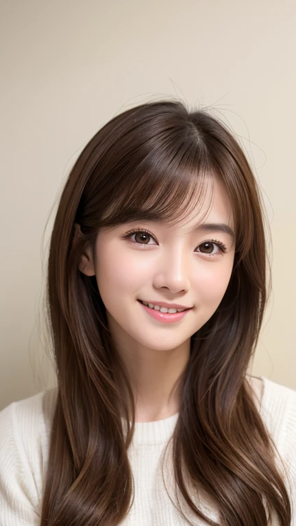 Brown Hair,Medium Hair,20-year-old female, Small nose, With the correct face, Cute natural smile, Japanese facial features, A clean and cute face, Cute realistic portrait, Asian Face, 8K Photo, Soft Makeup,Natural skin texture,Raw photo,highest quality,Full Body Shot,Beauty Salon