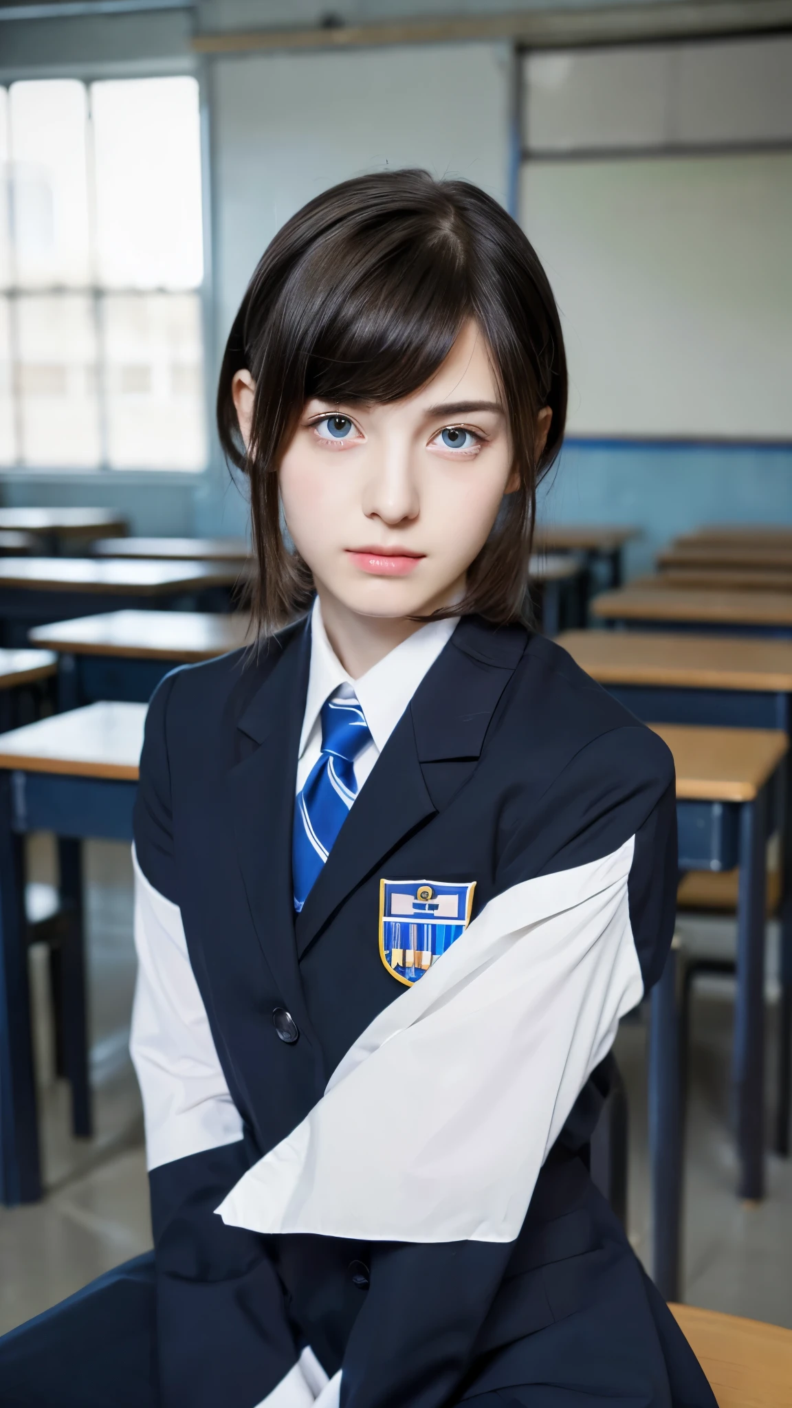 masterpiece, high quality, 最high quality, beautiful, High resolution, Realistic, Perfect lighting, Detailed face, Detailed body, 1 person, Black Hair, blue eyes, Masculinity, Suit Uniform, (Dull expression: 1.5) (Face Natural: 1.5), sitting in classroom