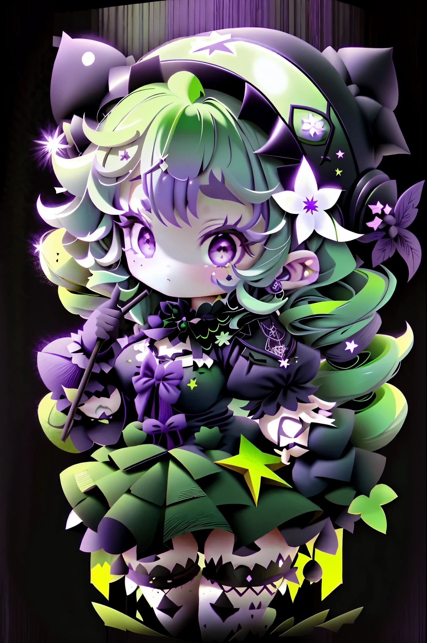 plastican00d, sorceress woman, tchibi, black, twin drills, black, Magnificent,view the viewer, paneled background,ta prostitute,elvish ears,Green hair,holding a staff,Purple clothes