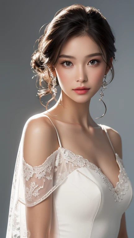 White background、Professional Lighting、Translucent skin texture、Beautiful Skin、Off the shoulder、Lace fabric、