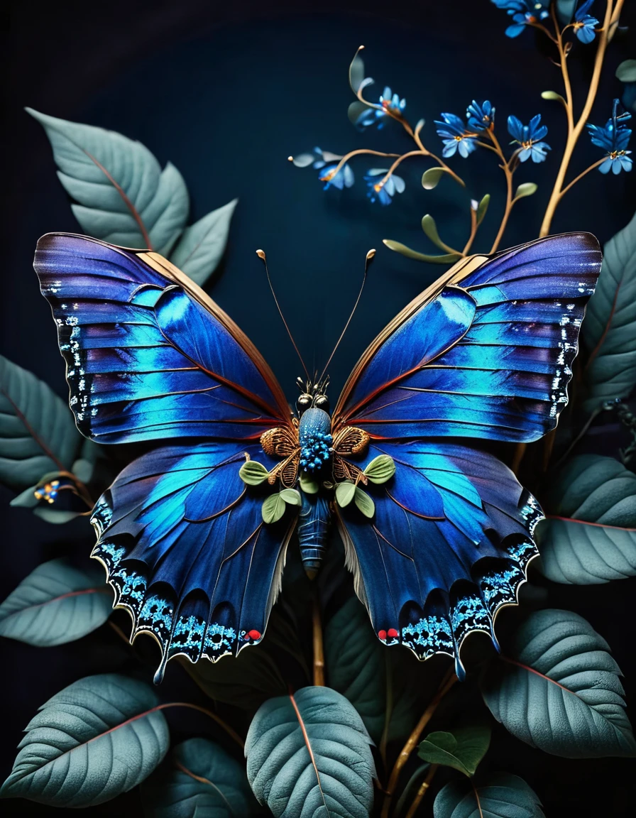 Movie照片 BugCraft，No humans，blueflower，Blue leaves，black background，(blue butterfly:1.6)，traditional media，antenna，still life，Simple background，plant，Fashion，epic，Amazing，Highly detailed，Art，Perfect composition，Movie，modern，Surreal，beauty，Sharp focus，complex，grace，color，错综complex，Amazing的色彩，symmetry，major，Awesome，Colorful，35mm photo，Movie，Bokeh，major，8k，Highly detailed